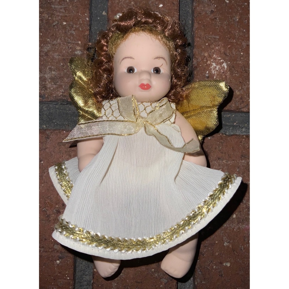 Vintage Porcelain Angel Doll Ornament‎ Gold Wings Cream Dress Auburn Hair Cherub